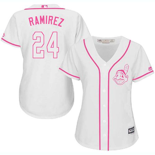 Indians #24 Manny Ramirez White/Pink Fashion Women's Stitched MLB Jersey - Click Image to Close